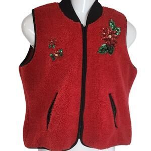 Copper Key Red Black Holiday Vest Embellished Pointsettas Womens Large